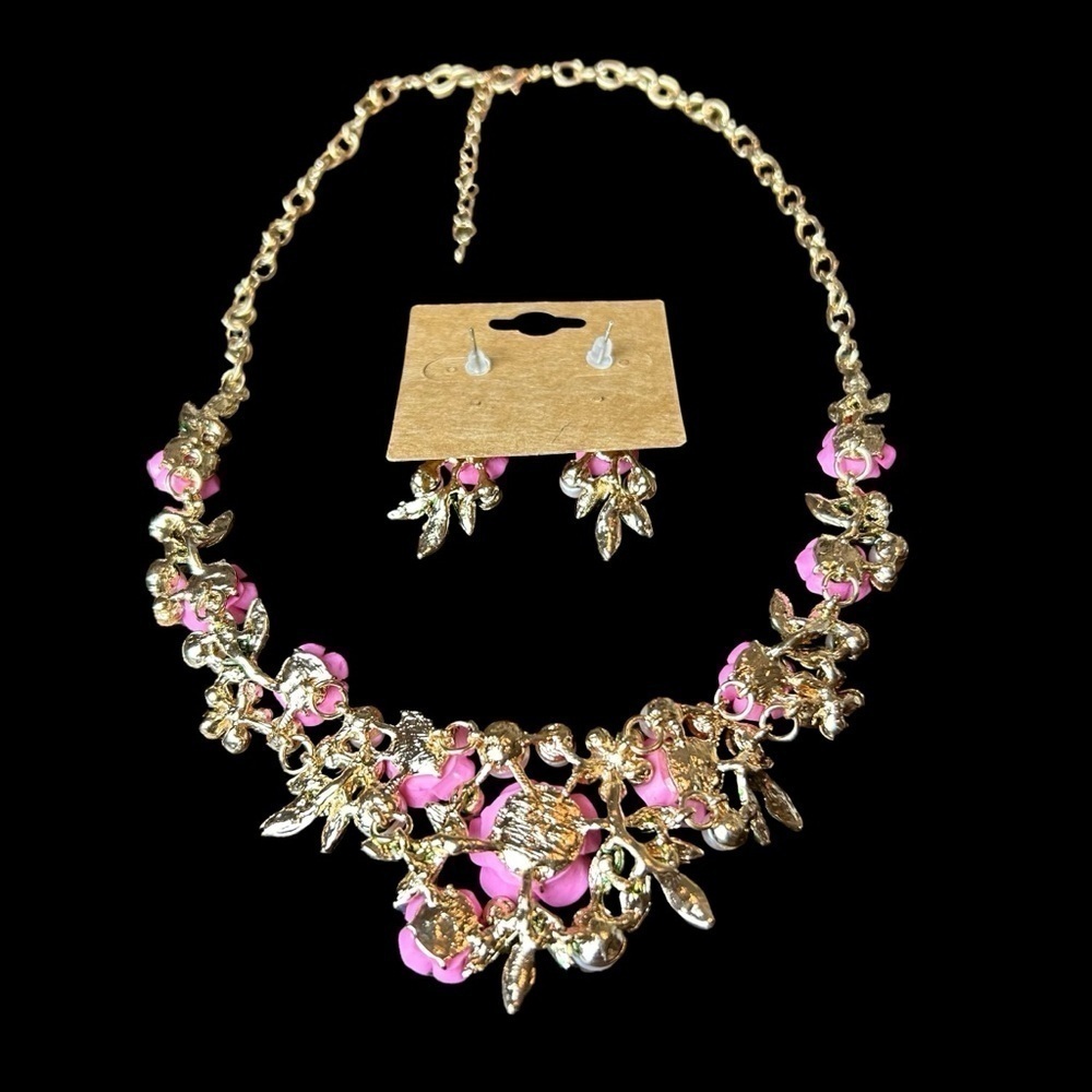 Pink Flower Rose Cluster Necklace Earring Set w/ Faux Pearl & Rhinestone Accents - Picture 11 of 15